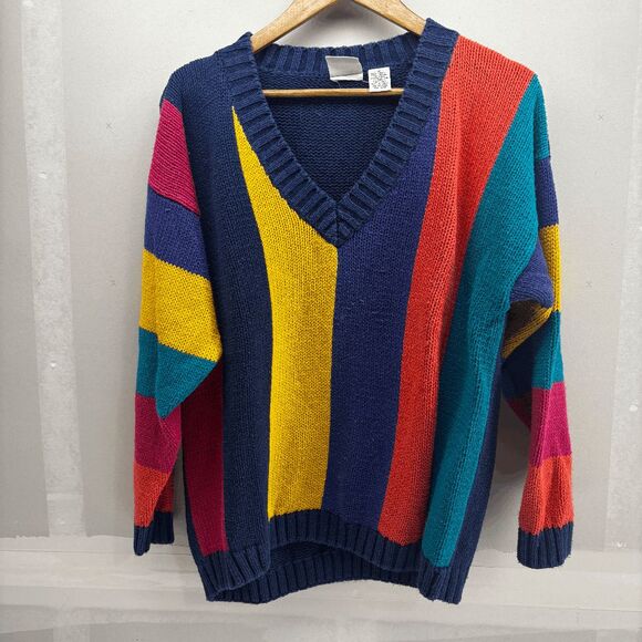 Vintage 80s Nuovo Country Seat Color Block Sweater Deep V Neck Size Medium - Picture 1 of 4